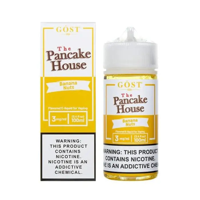 E-liquid bottle and packaging for ’The Pancake House’ flavor by GOST, featuring yellow and white design elements.