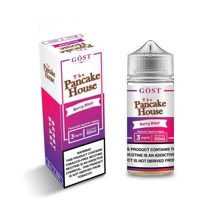 E-liquid bottle and packaging for ’The Pancake House’ brand in Berry Blast flavor.