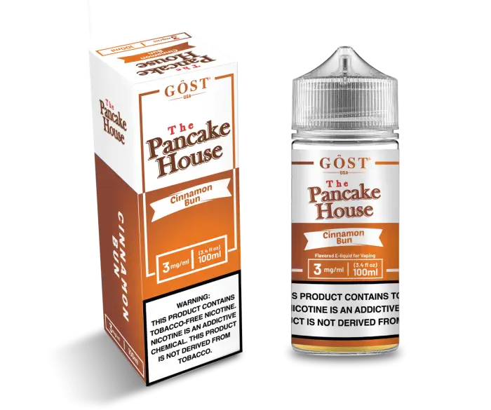 E-liquid bottle and packaging for ’The Pancake House’ cinnamon flavor vape juice.