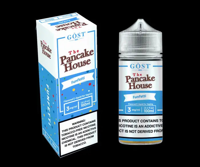 E-liquid bottle and packaging for ’The Pancake House’ vape juice in the ’GOST’ flavor.