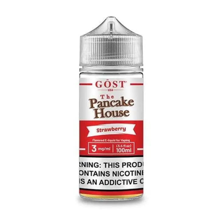 Bottle of strawberry-flavored e-liquid from ’The Pancake House’ brand by GOST.