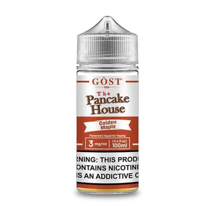 Bottle of e-liquid labeled ’GOST The Pancake House Golden Maple’ with a warning about nicotine content.