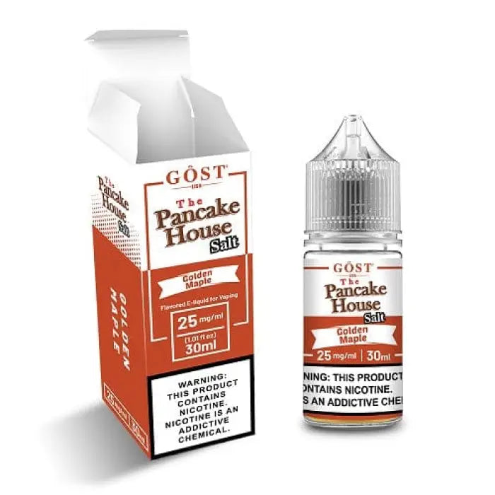 E-liquid bottle and packaging for ’The Pancake House Salt’ vape juice in Vanilla flavor.