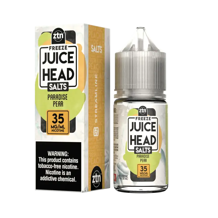 Bottle of e-liquid labeled ’Juice Head Salts Paradise Pear’ with its packaging box.