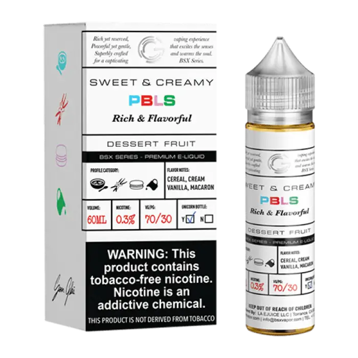 E-liquid bottle and packaging for a dessert fruit flavored vape juice called ’Sweet & Creamy PBLC’.