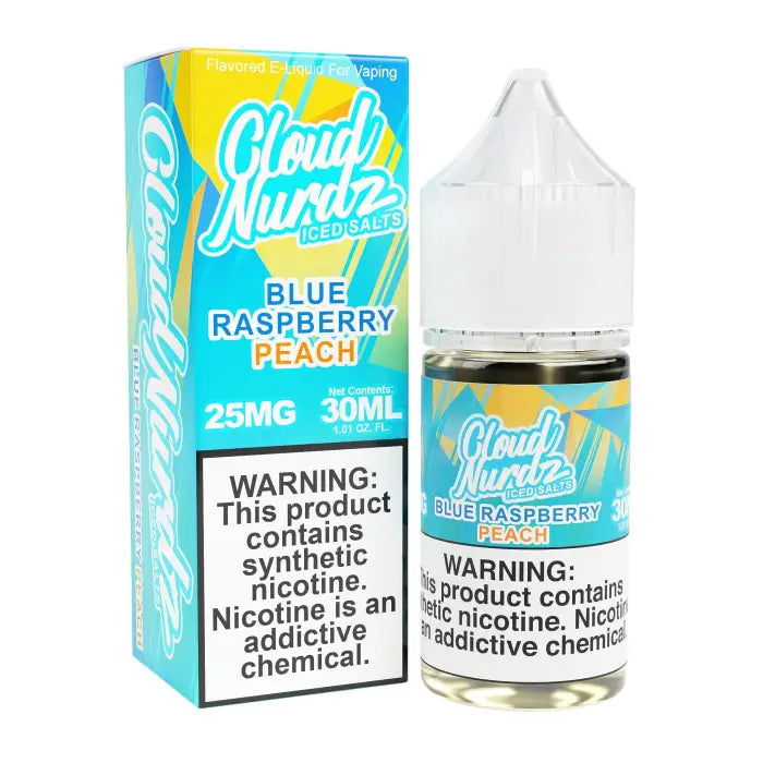 E-liquid bottle and packaging for Cloud Nurdz Blue Raspberry Peach flavor vape juice.