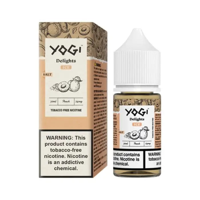 Vaping liquid product called ’Yogi Delights’ with packaging showing a salt flavor.