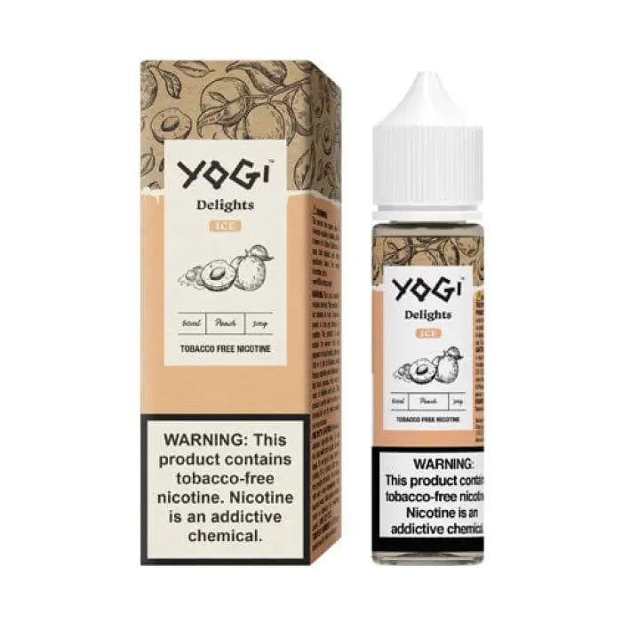 E-liquid bottle and packaging for Yogi Delights Peach flavor vape juice.