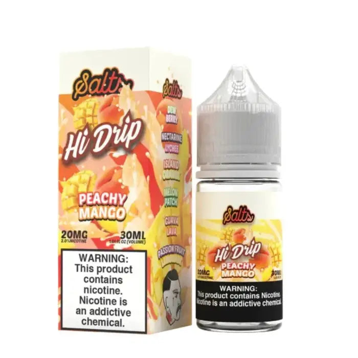 E-liquid bottle and packaging for ’Hi Drip Peachy Mango’ vape juice.