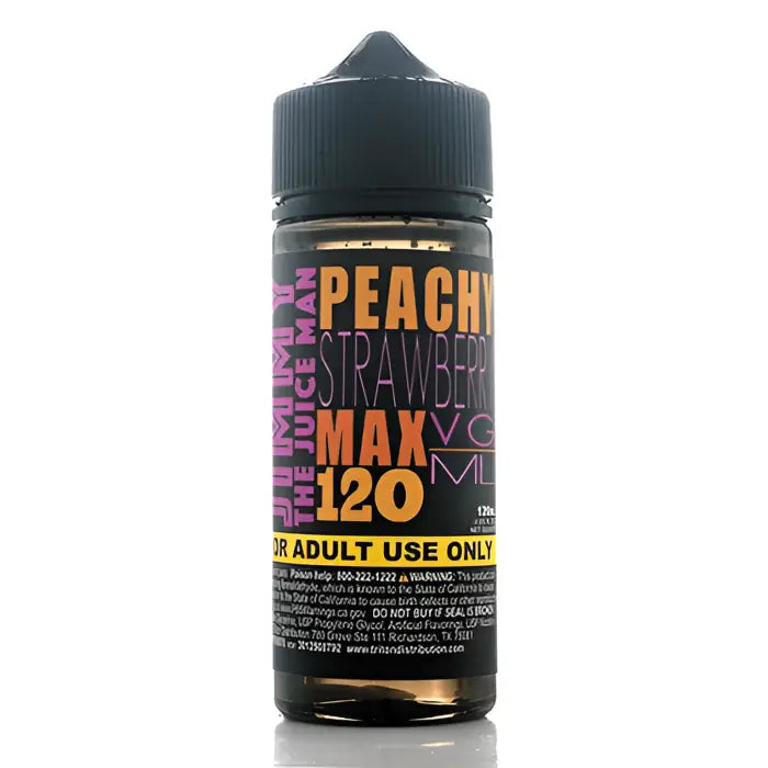 Bottle of e-liquid labeled ’Peachy Strawberry Max 120’’ with colorful text on a black container.