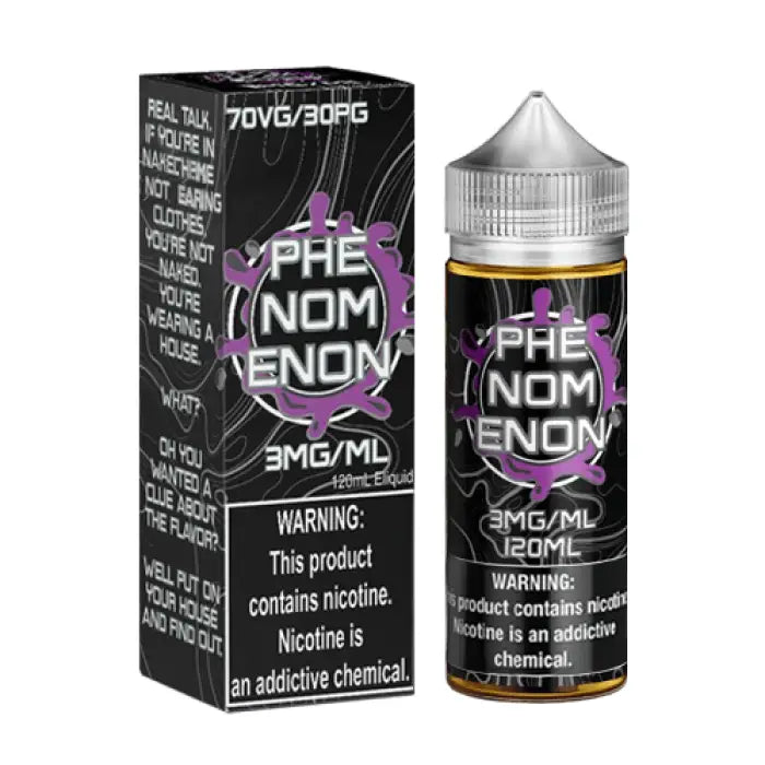 E-liquid bottle and packaging for a vape product called ’Phe Nom Enom’.