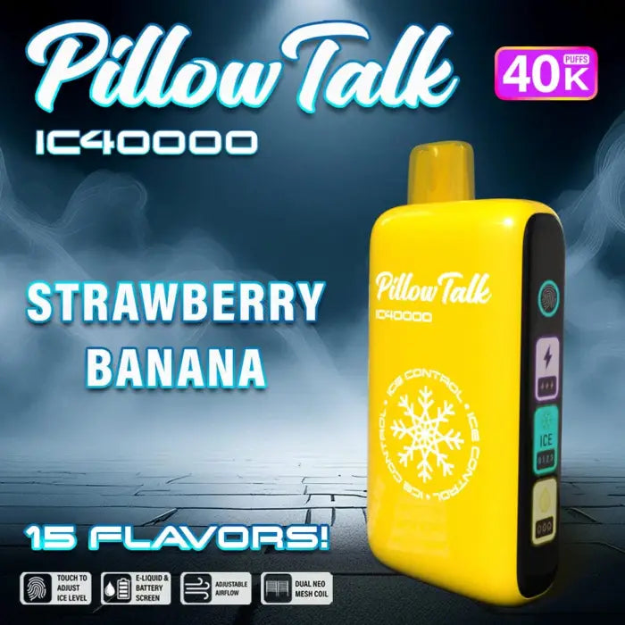 Yellow disposable vape device labeled ’Pillow Talk’ with strawberry banana flavor.