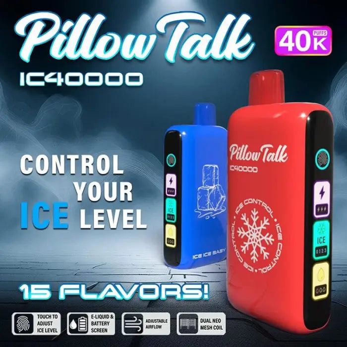 Colorful electronic vaping device with ’Pillow Talk’ branding and ice level control feature.