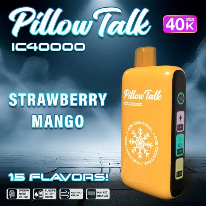 Yellow disposable vape device labeled ’Pillow Talk IC40000’’ with strawberry mango flavor.