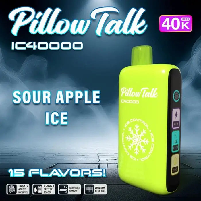 Bright green vape device labeled ’Pillow Talk’ with ’Sour Apple Ice’ flavor.