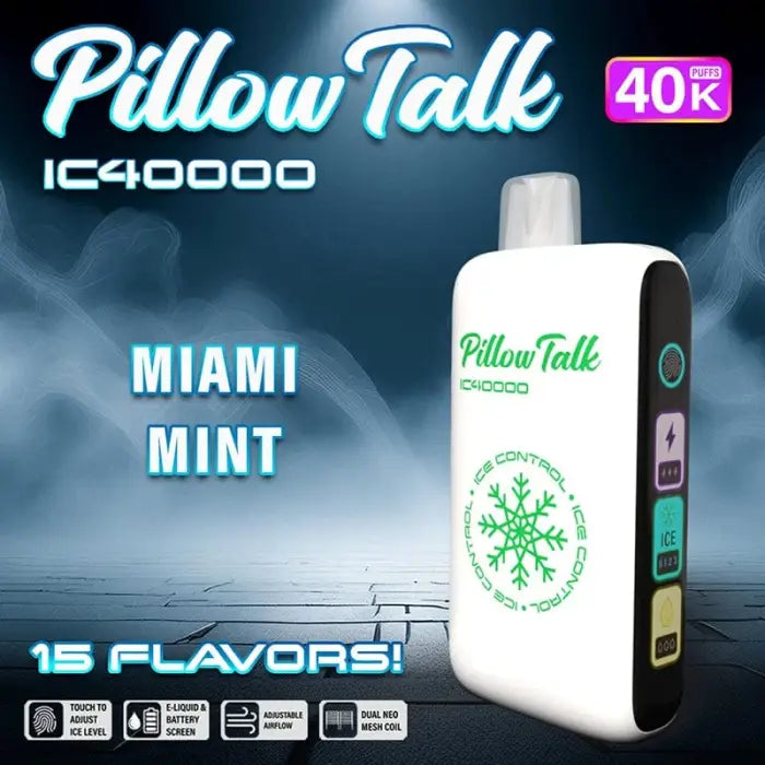 White electronic vaping device labeled ’Pillow Talk IC40000’’ with ’Miami Mint’ flavor.