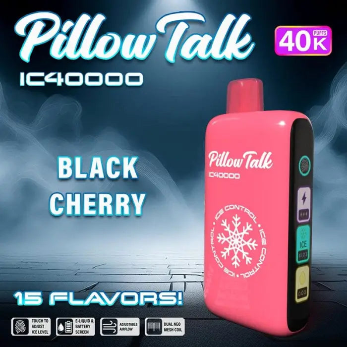 Pink disposable vape device labeled ’Pillow Talk’ with Black Cherry flavor.