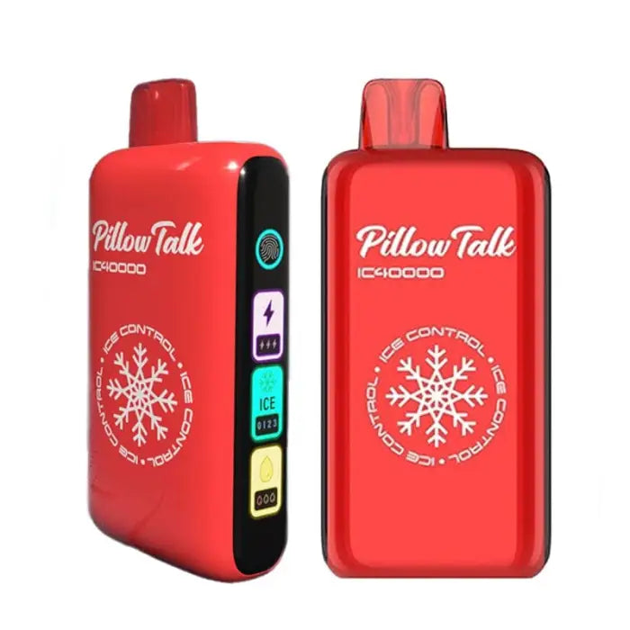 Red electronic vaping devices labeled ’PillowTalk’ with snowflake designs.