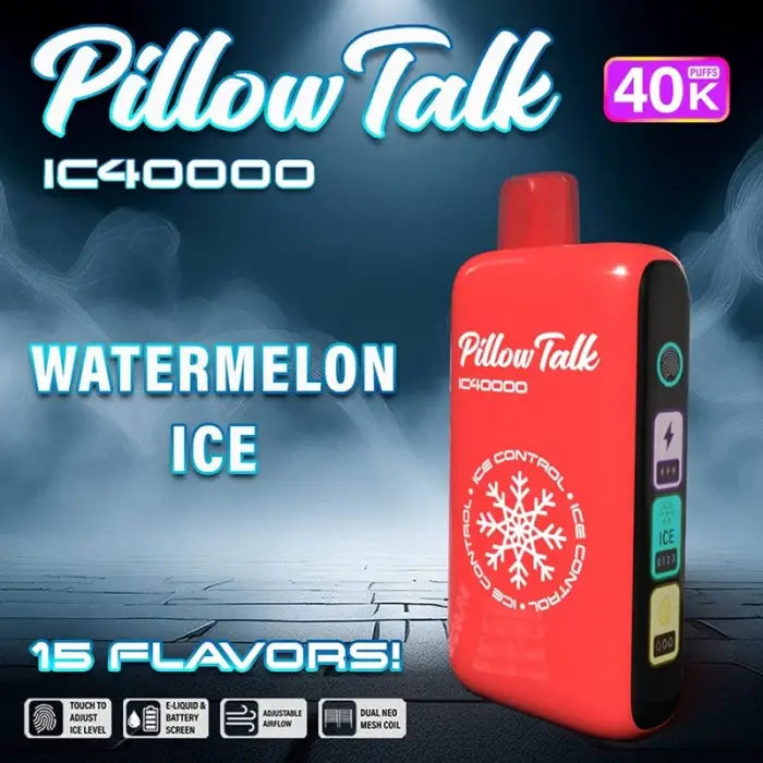 Red disposable vape device labeled ’Pillow Talk’ with ’Watermelon Ice’ flavor.