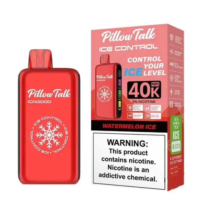 Red electronic vaping device with ’Pillow Talk’ branding and its product packaging.