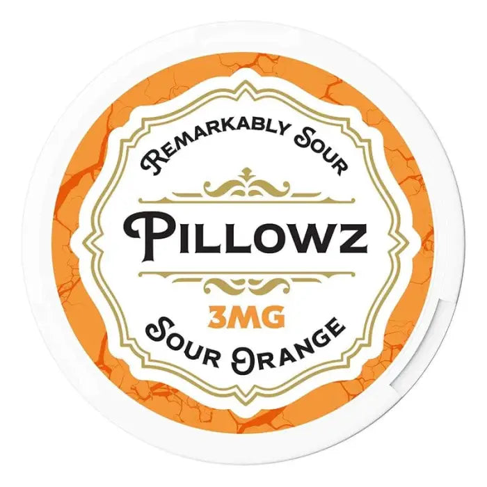 Circular label for ’Pillowz’ sour orange flavored product with 3mg strength.