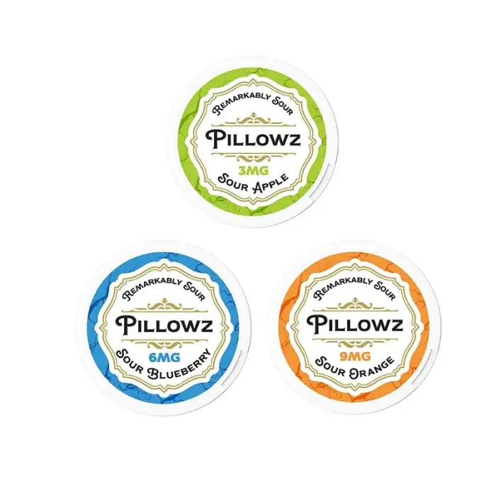 Three circular product labels for ’Pillowz’ in different colors and flavors.