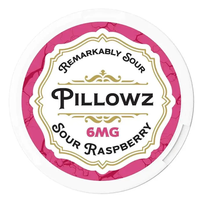 Circular label for ’Pillowz’ sour raspberry flavored product with 6mg strength.