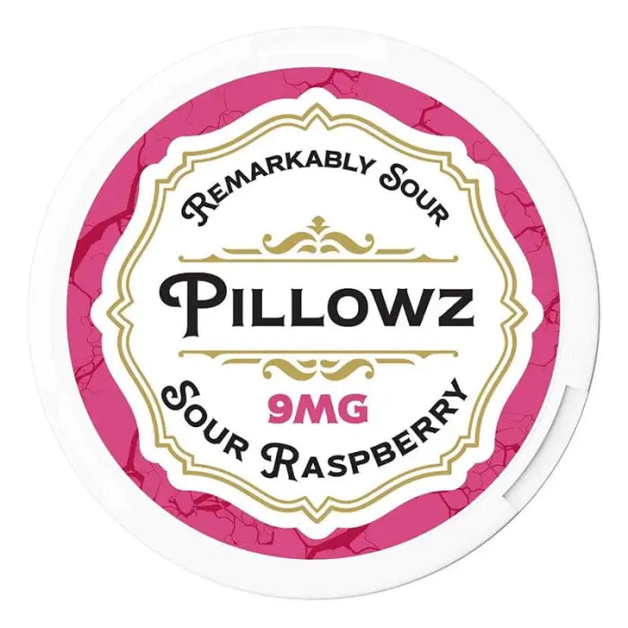 Circular product label for ’Pillowz’ sour raspberry flavored item with 9mg strength.