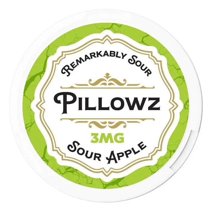 Circular product label for ’Pillowz’ sour apple flavored item with 3mg strength.