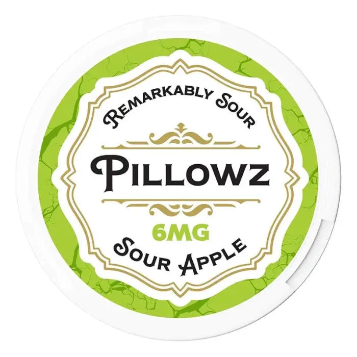 Circular product label for ’Pillowz’ sour apple flavored item with 6mg strength.