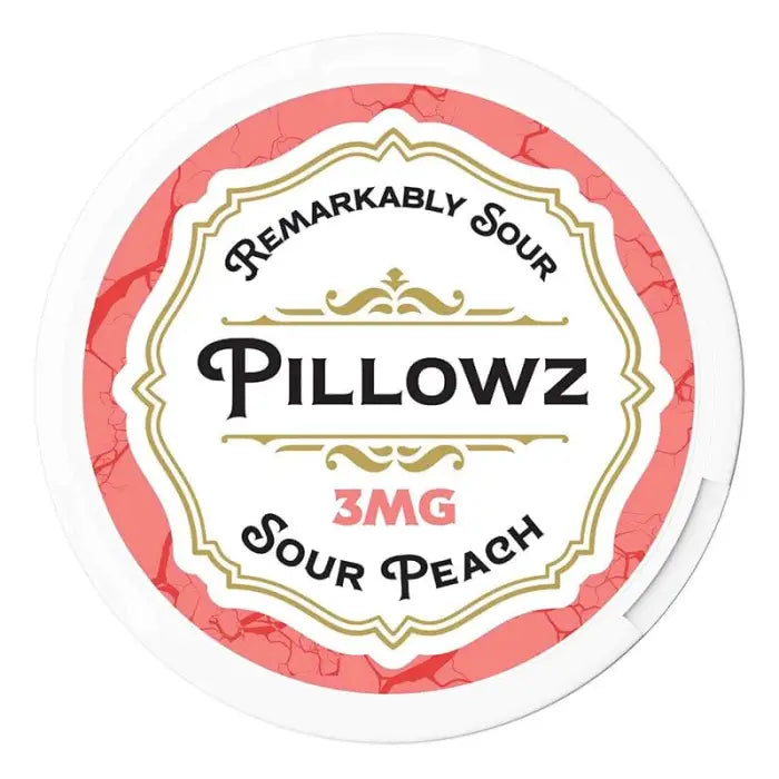 Circular label for ’Pillowz’ sour peach-flavored product with 3mg strength.