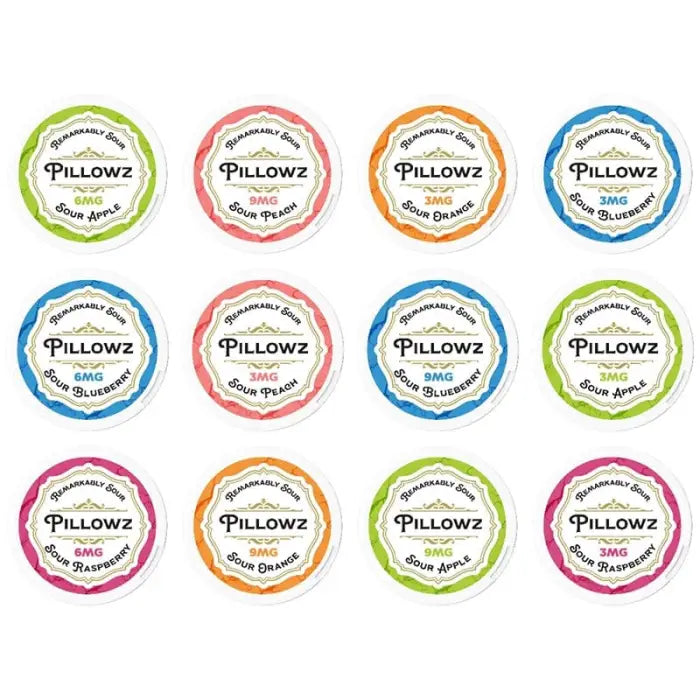 Circular labels or stickers for a product called ’Pillowz’ in various pastel colors.