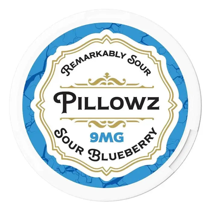 Circular label for ’Pillowz’ sour blueberry product with 9mg strength.