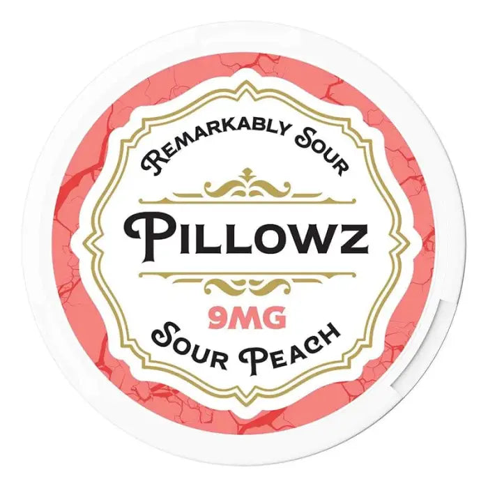 Circular label for ’Pillowz’ sour peach-flavored product with 9mg strength.