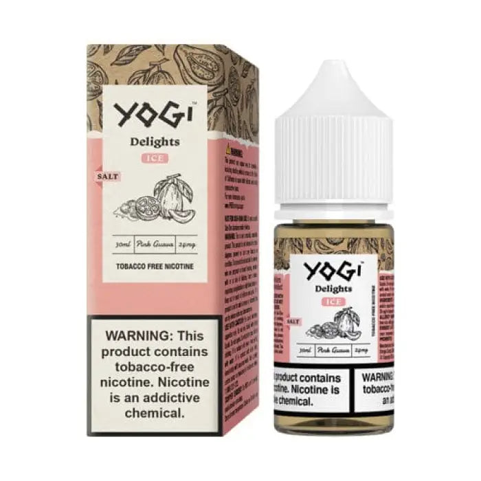 Bottle and packaging of Yogi Delights vape liquid in peach flavor.