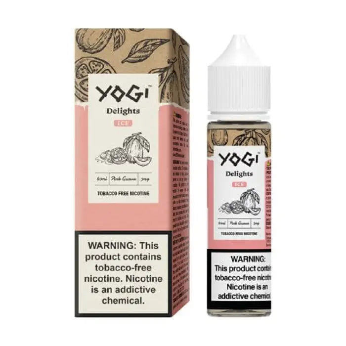 Vaping liquid product called ’Yogi Delights’ in packaging and bottle form.