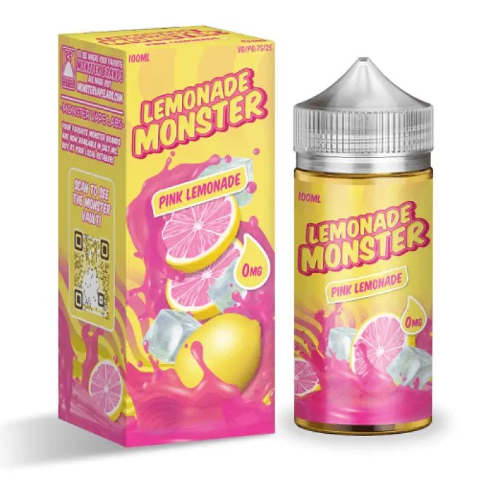 Bottle and packaging for ’Lemonade Monster’ pink lemonade-flavored e-liquid or vape juice.