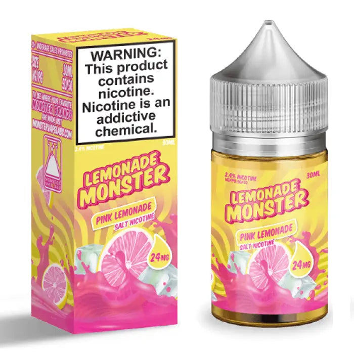 E-liquid bottle and packaging for ’Lemonade Monster’ pink lemonade flavor vape juice, with nicotine warning label.