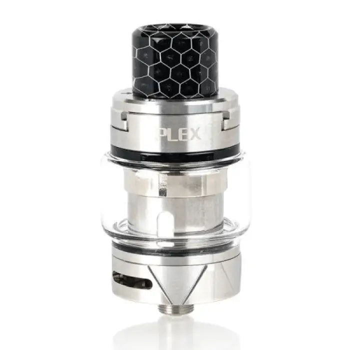 Vaping tank or atomizer with a honeycomb-patterned drip tip and ’PLEX’ branding.