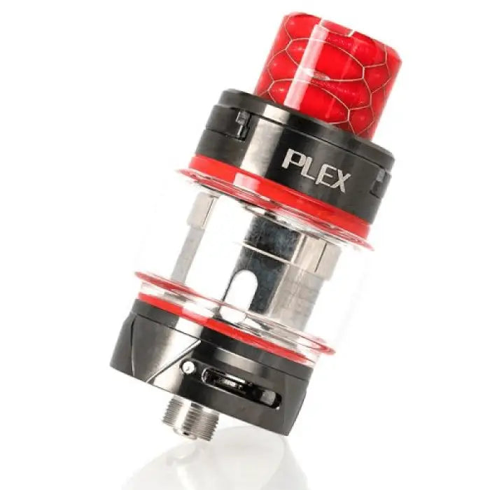 Vaping tank or atomizer with a red and black design featuring a textured drip tip.