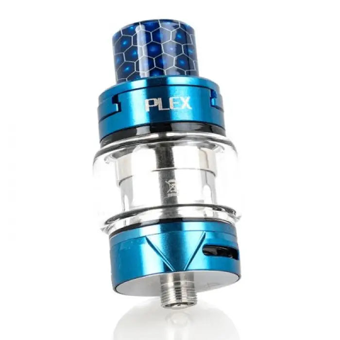 Blue and silver vaping device or e-cigarette tank with a honeycomb pattern on the drip tip.