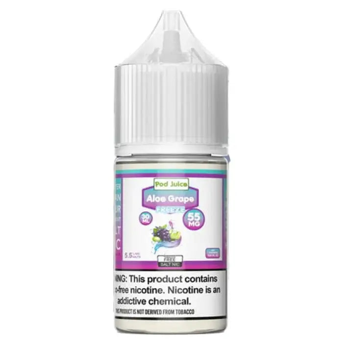 Bottle of e-liquid labeled ’Aloe Grape’ with nicotine warning.