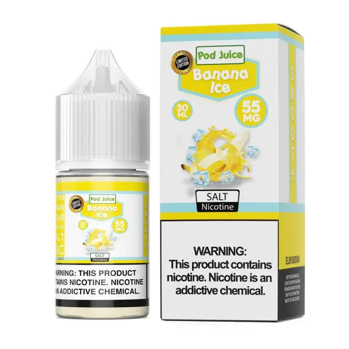 Bottle and packaging of Pod Juice Banana Ice flavored e-liquid with nicotine.