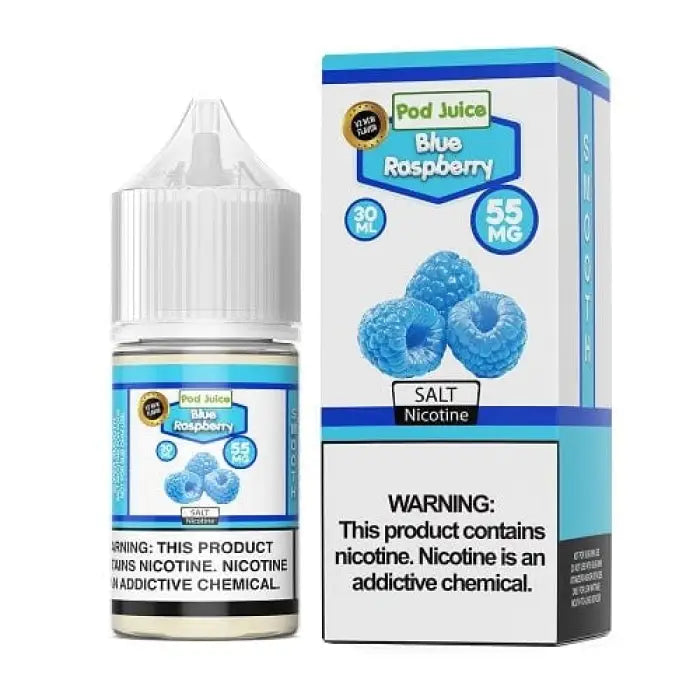 E-liquid bottle and packaging for ’Blue Raspberry’ flavored vape juice containing nicotine.