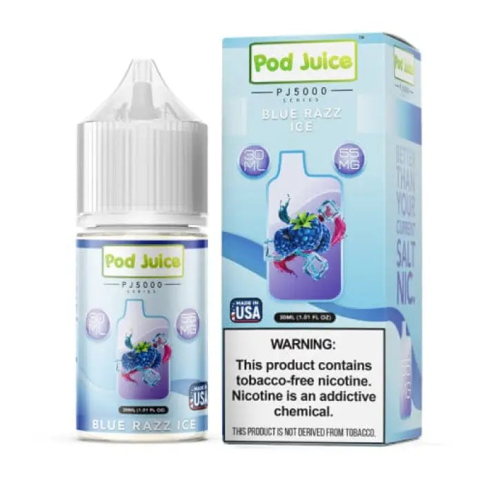 E-liquid bottle and packaging for ’Pod Juice’ brand vape juice in a blue ice flavor.