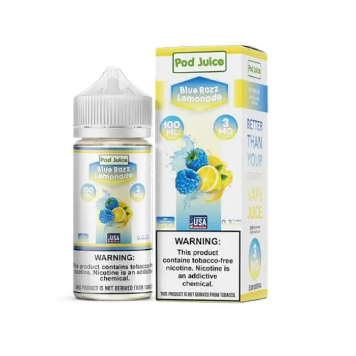 E-liquid bottle and packaging for ’Pod Juice’ brand in Blue Razz Lemonade flavor.