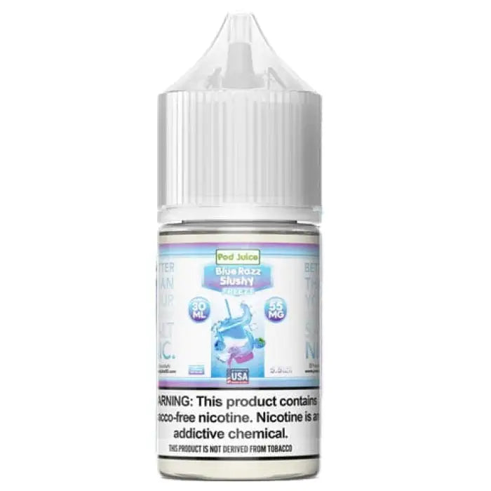 Bottle of e-liquid or vape juice with a white cap and colorful label.