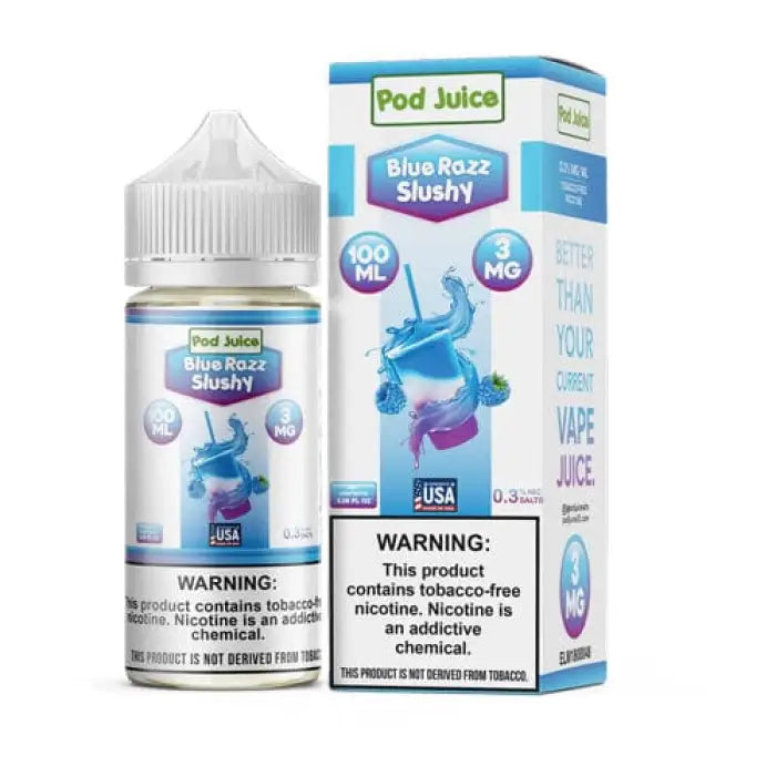 E-liquid bottle and packaging for ’Pod Juice Blue Razz Slushy’ vape juice.