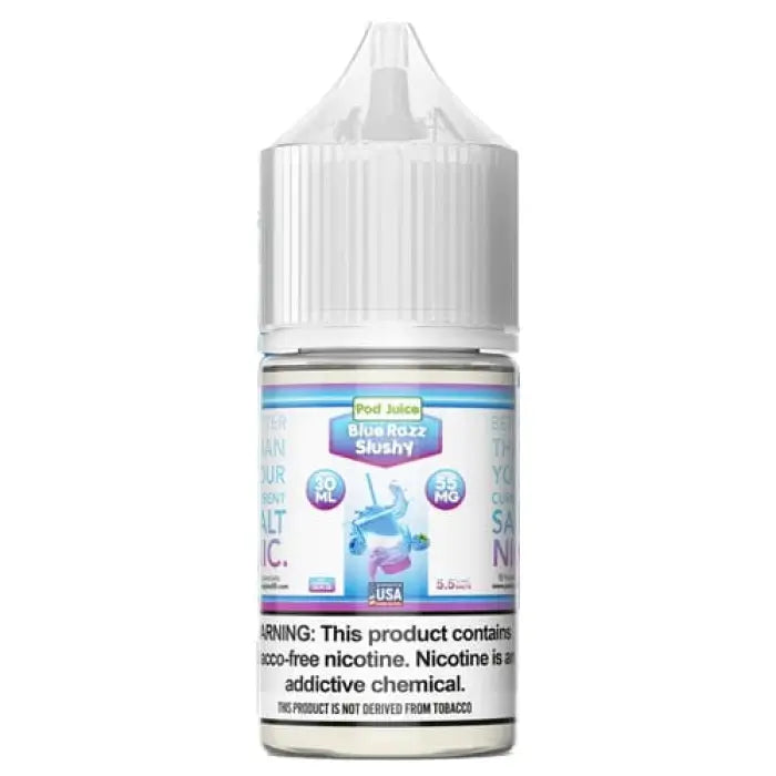 White plastic bottle with a blue and purple label for e-liquid or vape juice.