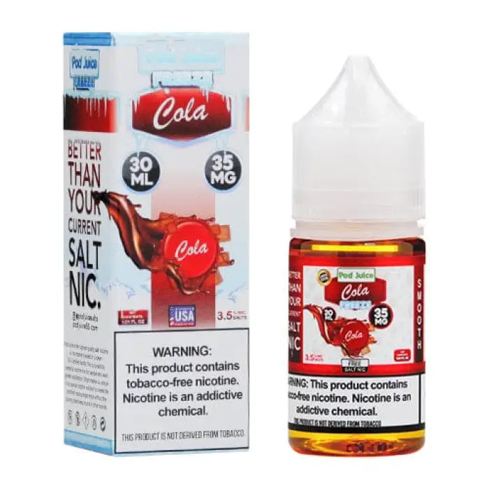 E-liquid bottle and packaging for a cola-flavored vaping product.